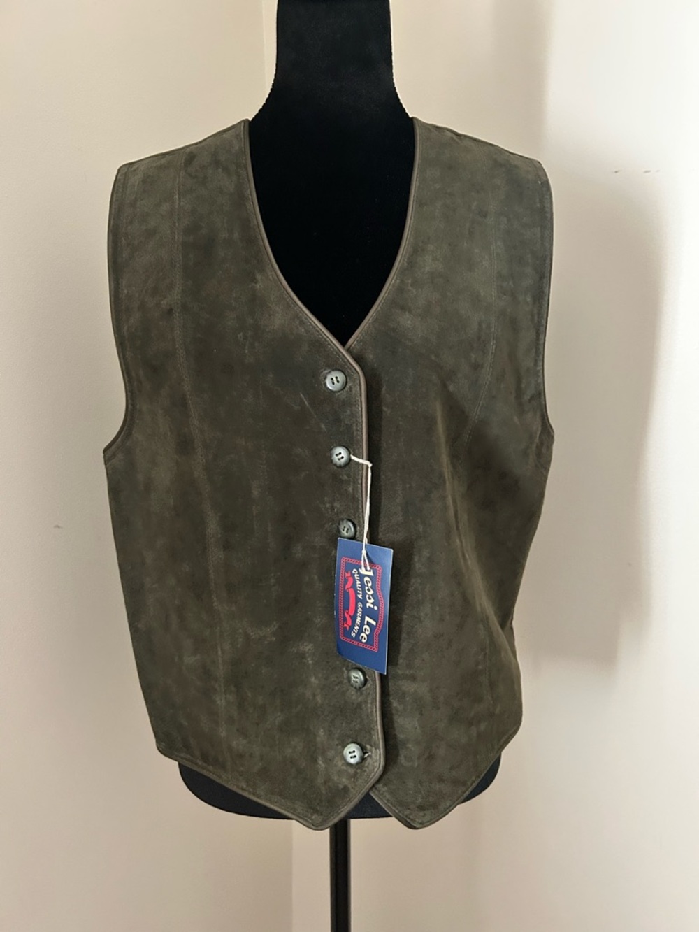 Jessi Lee 100% Leather Dark Olive Suede Button-Front Vest Size M
